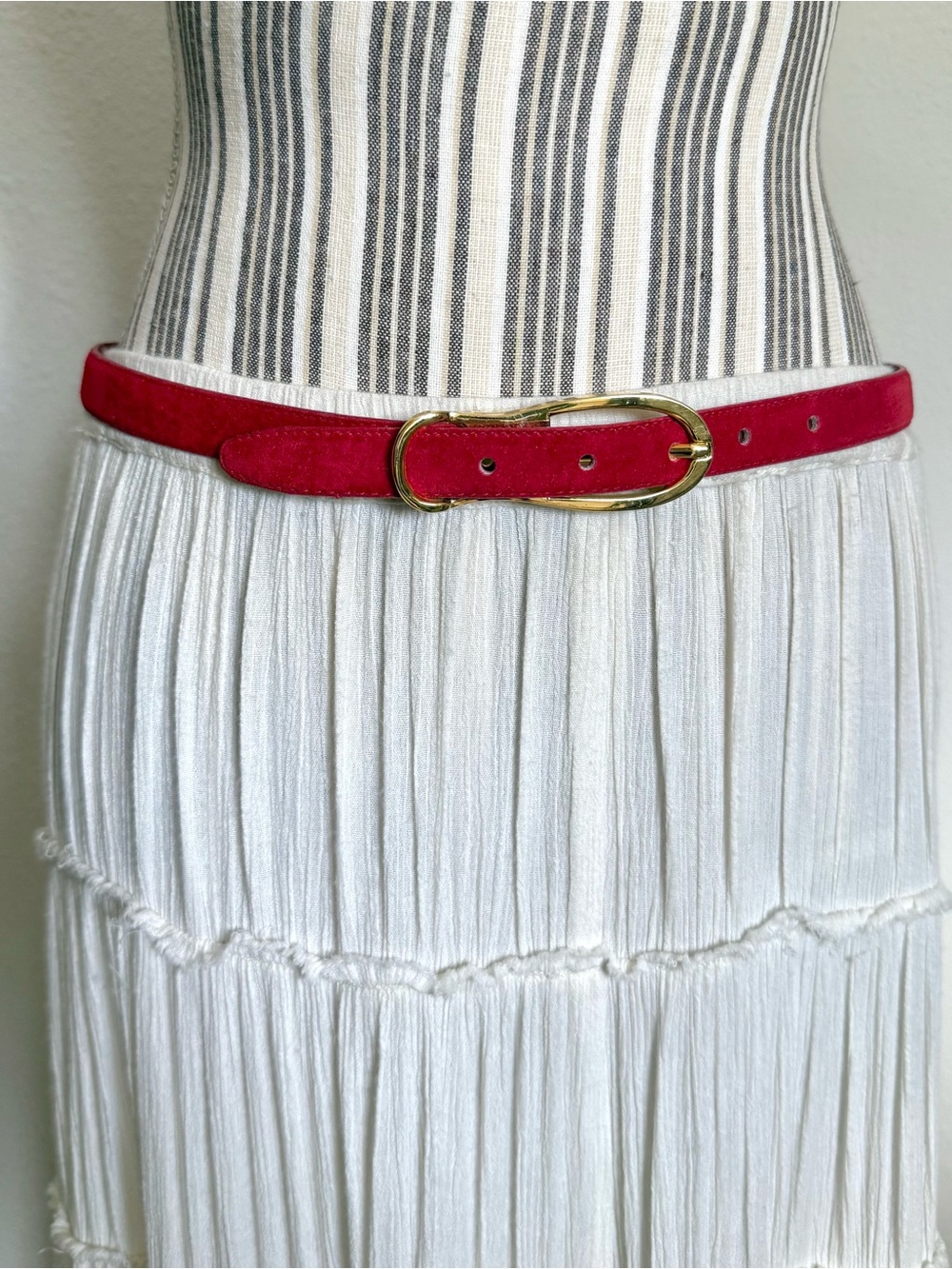 Vintage Red Suede Leather Skinny Belt Gold Buckle Made in Taiwan 90s